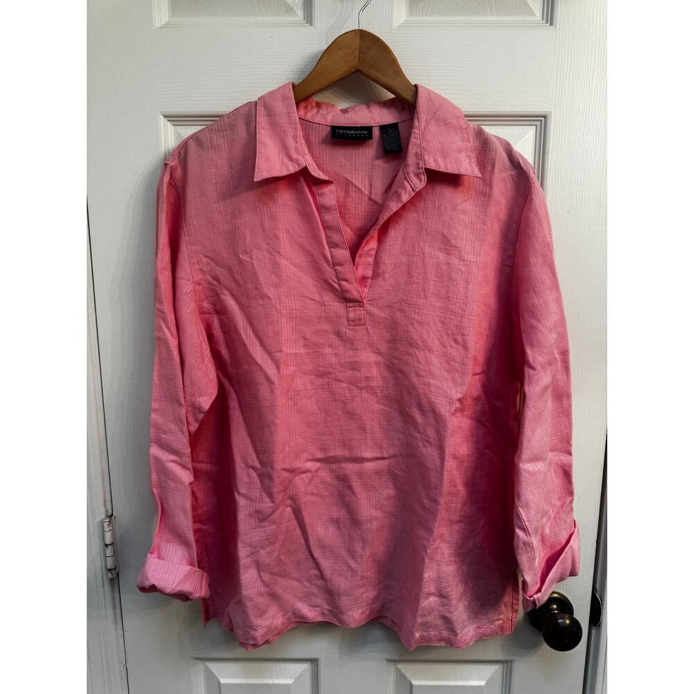Liz Claiborne Pink Linen Collared V-neck Linen Top Size Large Breezy Beach